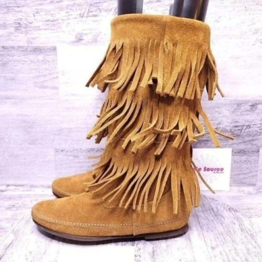 Minnetonka Suede 3 Layer Fringe Tall Moccasin Boot Brown Women's sz 6 - Picture 2 of 8